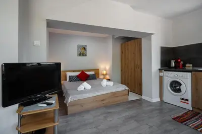 a living room with a bed and a tv at Cozy Apartment Green Terrace in Plovdiv