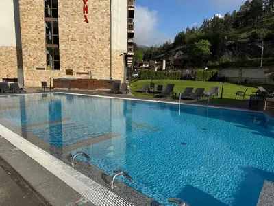 a large blue swimming pool with swans in it at Мия 2 Спа хотел Свети Спас in Velingrad