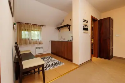 a kitchen with a table and a chair in a room at Конна база и Къща за гости Дворене in Razlog