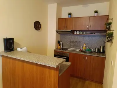 a kitchen with wooden cabinets and a counter top at Bansko Apartment Predela the One in Bansko