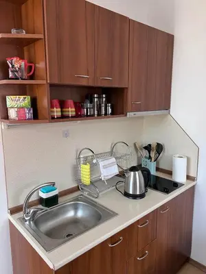 a kitchen with a sink and wooden cabinets at Jordan Apartment’s Bansko in Bansko