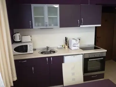 a kitchen with a sink and a microwave at Grand Monastery Apartment in Pamporovo