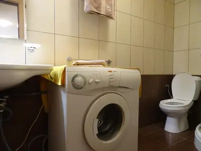 a bathroom with a washing machine and a toilet at APARTMENT Darsi in Pamporovo