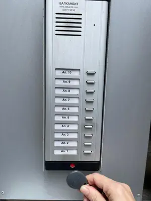 a person holding a remote control in front of an appliance at Central Vista Apartment by MIT in Sofia