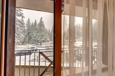 a window with a view of a snow covered forest at Cozy and Cute 1BD Apartment in The Castle Complex by Flat Mаnager in Pamporovo