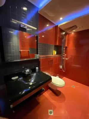 a bathroom with a black sink and a toilet at Modern 1BR Apartment with Garden View & Free street parking in Plovdiv