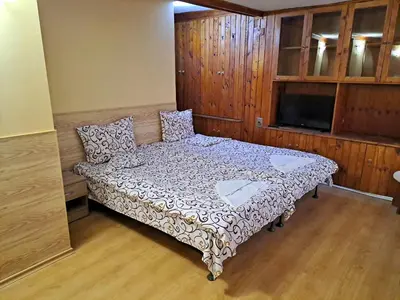 a bedroom with a bed in a room with wooden walls at Kovacha Guest House in Raduil