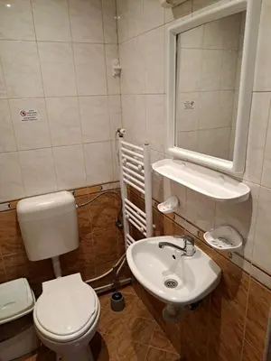 a bathroom with a toilet and a sink and a mirror at Kovacha Guest House in Raduil