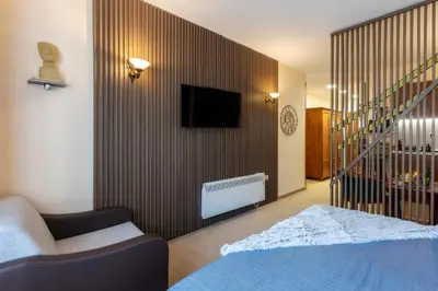a bedroom with a bed and a tv on a wall at Snow Line Suites SLS in Bansko