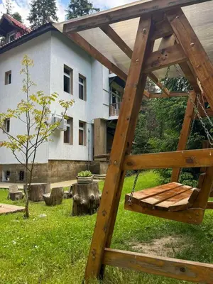 a swing in a yard in front of a house at The Forest Villa Borovets by BookVillaBG in Borovets