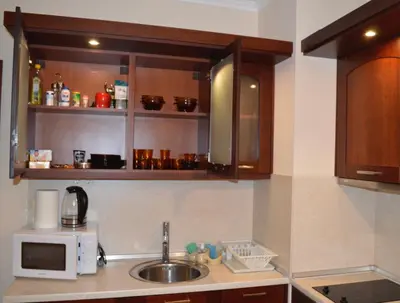 a kitchen with a sink and a microwave at Elinor Apartment - Downtown in Bansko