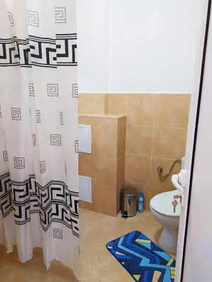 a bathroom with a toilet and a shower curtain at Дом за Гости Осогово in Kyustendil