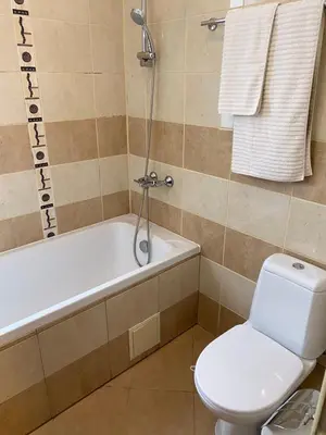 a bathroom with a toilet and a tub and a sink at HQ Apartment Flora Violet in Borovets