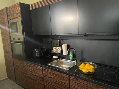 a kitchen with a sink and a bowl of oranges at Cozy mountain apartament near the Gondola lift in Bansko