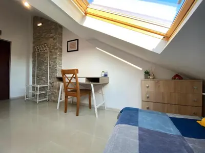 a bedroom with a skylight and a desk and a bed at LK17 - Loft in the Center in Sofia