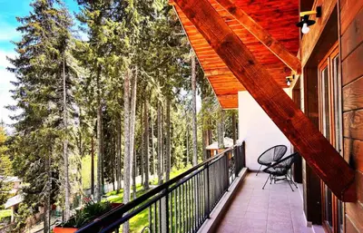 a balcony of a house with a wooden roof at Boutique Villas Murgavets Pamporovo in Pamporovo