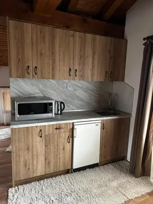 a microwave sitting on a counter in a kitchen at Snow House in Bansko