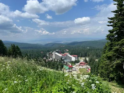 a view of a town from a hill with trees at Arboro Borovets Gardens E43 in Borovets