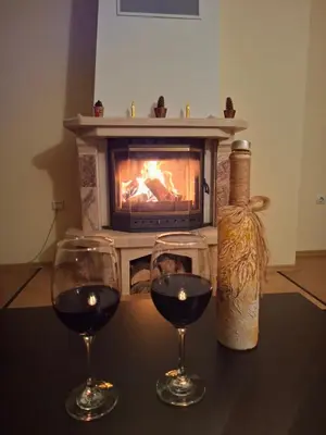two glasses of wine on a table with a fireplace at Ski Area @ Apartment Rosea 205 @ Pamporovo in Pamporovo