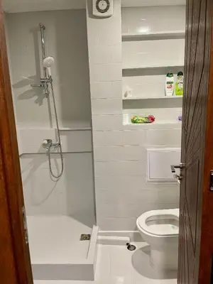 a bathroom with a shower and a toilet at Amazing view central 1 bedroom apartment in Pazardzhik