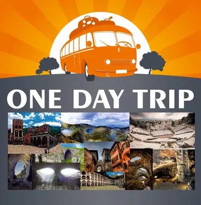 a collage of photos with a bus and the words one day trip at 
