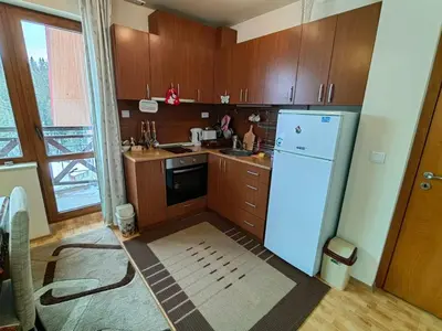 a kitchen with wooden cabinets and a white refrigerator at Apartment Love Pamporovo in Pamporovo