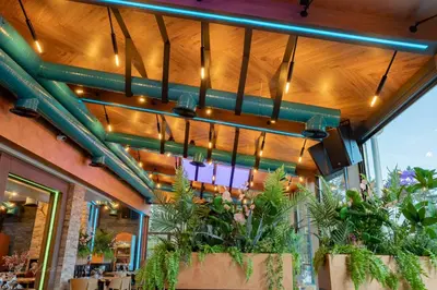 a chandelier in a restaurant with potted plants at 103 View Park Hotel in Panichishte