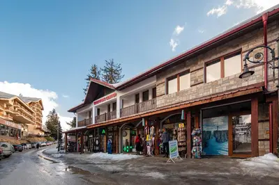 a building with a bunch of skis outside of it at АПАРТАМЕНТ ЗА ГОСТИ ЕВЕЛИН in Pamporovo