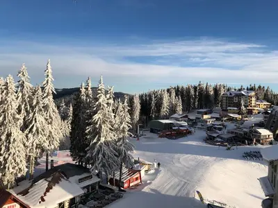 a ski resort with snow covered trees and buildings at Студио, хотел Стената in Pamporovo