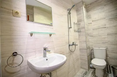 a bathroom with a sink and a toilet and a shower at Lalev Guest House in Bansko