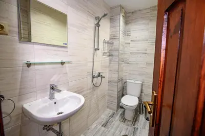 a bathroom with a sink and a toilet and a shower at Lalev Guest House in Bansko