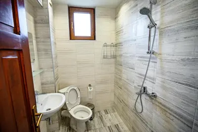 a bathroom with a shower and a toilet and a sink at Lalev Guest House in Bansko