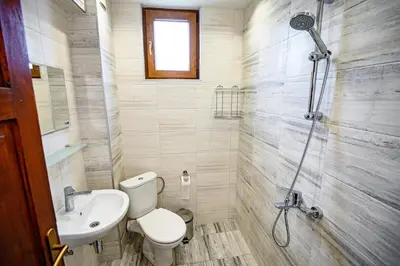 a bathroom with a shower and a toilet and a sink at Lalev Guest House in Bansko