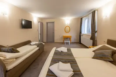 a living room with two beds and a television at Зеления Осъм Green Osam in Chiflik