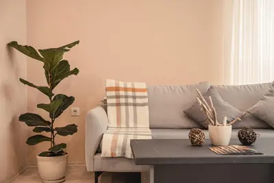 a living room with a couch and a table at Elite Business Residence with Free Gym Pass, Street Parking and Full Office Setup in Plovdiv