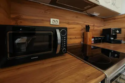 a kitchen with a black microwave on a counter at Central Apartment near the Park in Gotse Delchev