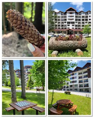 a collage of pictures of a picnic table and a park at The Green apartment in Borovets