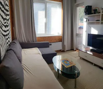 a living room with a couch and a table and a tv at Apart 32 Govedartsi Forest View in Govedartsi