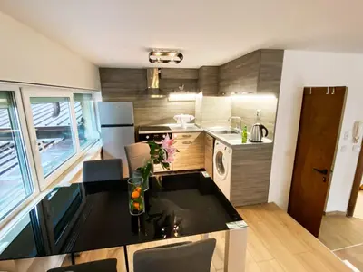 a small kitchen with a sink and a stove at Stylish apartment, very good location! in Sofia
