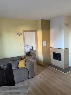 a living room with a couch and a fireplace at Grand Apartments in Bansko