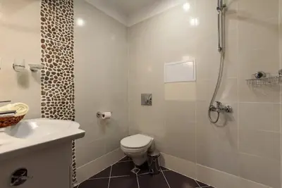 a bathroom with a toilet and a shower and a sink at Ski&Stay Studio Bansko in Bansko