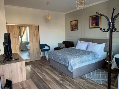 a bedroom with a bed and a television in it at Elegant and cozy room ARAKS in Kostinbrod