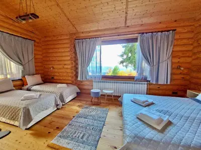 a bedroom with two beds and a large window at Вила Брезите in Pamporovo