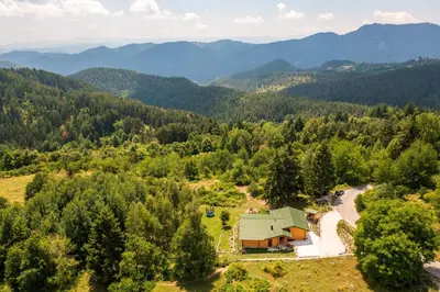 an aerial view of a house in the middle of a forest at Вила Брезите in Pamporovo