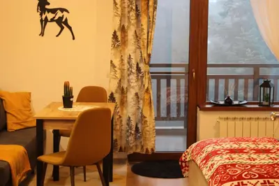 a bedroom with a bed and a table and a window at Premium mountain studio 40 Semiramida Gardens in Borovets