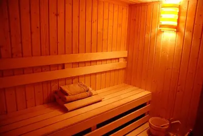a wooden paneled sauna with a bench in it at House Trivia in Bansko