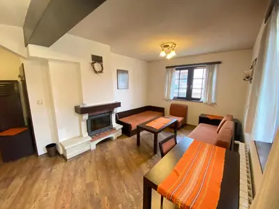 a living room with a couch and a fireplace at House Trivia in Bansko