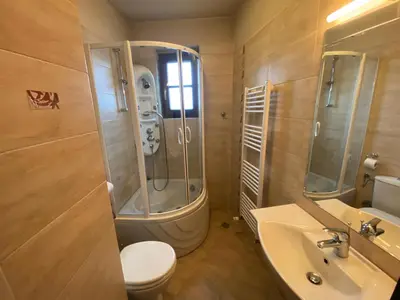 a bathroom with a shower and a toilet and a sink at House Trivia in Bansko