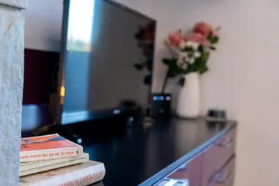 a desk with books and a vase of flowers on it at Warm&Cozy Studio with Patio in Bansko