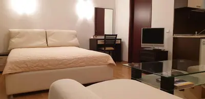 a living room with a bed and a television at Charming Winter Studio in Borovets